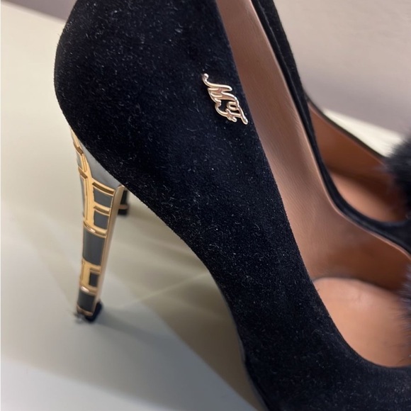 MARINO FABIANI MADE IN ITALY velvet black heel with fur detail - Picture 2 of 6